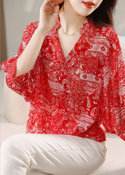 Style Red V Neck Print Patchwork Chiffon Blouses Summer
