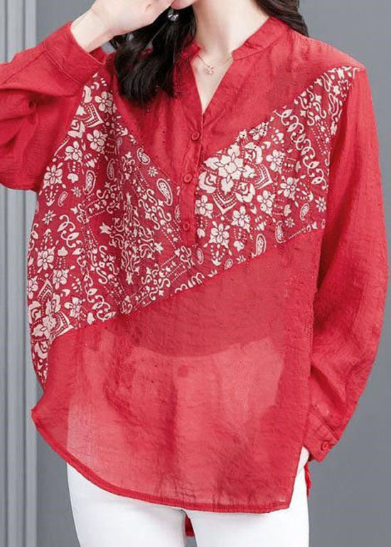 Style Red V Neck Print Patchwork Chiffon Shirts Spring
