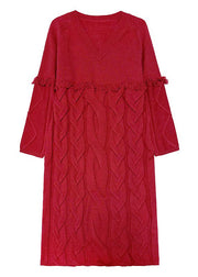 Style Red V Neck Tasseled Patchwork Cable Knit Sweaters Dresses Fall