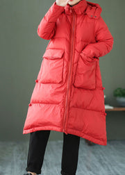 Style Red Zip Up Pockets Duck Down Down Coat Winter
