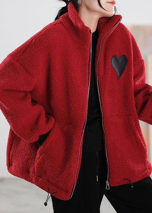 Style Red Zip Up Pockets Faux Fur Winter Coat
