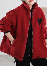 Style Red Zip Up Pockets Faux Fur Winter Coat