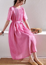Style Rose Cinched Sashes Summer Ramie Sundress Half Sleeve - SooLinen
