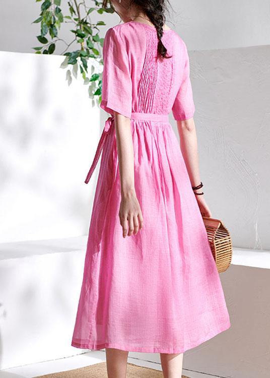 Style Rose Cinched Sashes Summer Ramie Sundress Half Sleeve - SooLinen