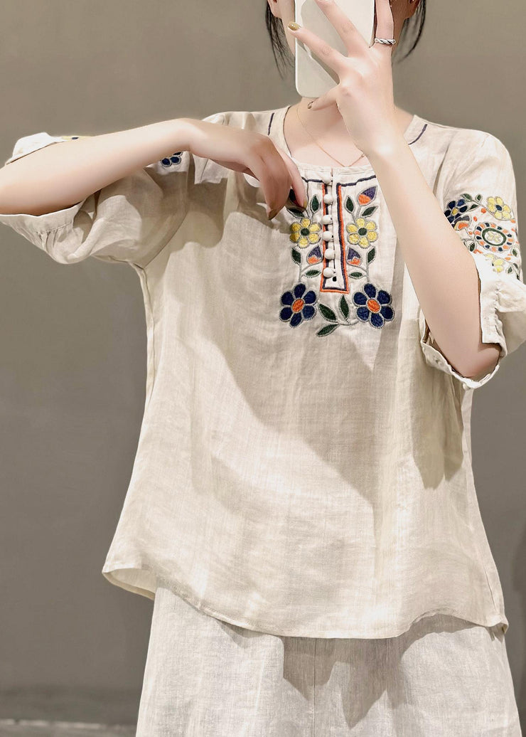 Style Rose O-Neck Embroidered Linen Shirt Tops Summer