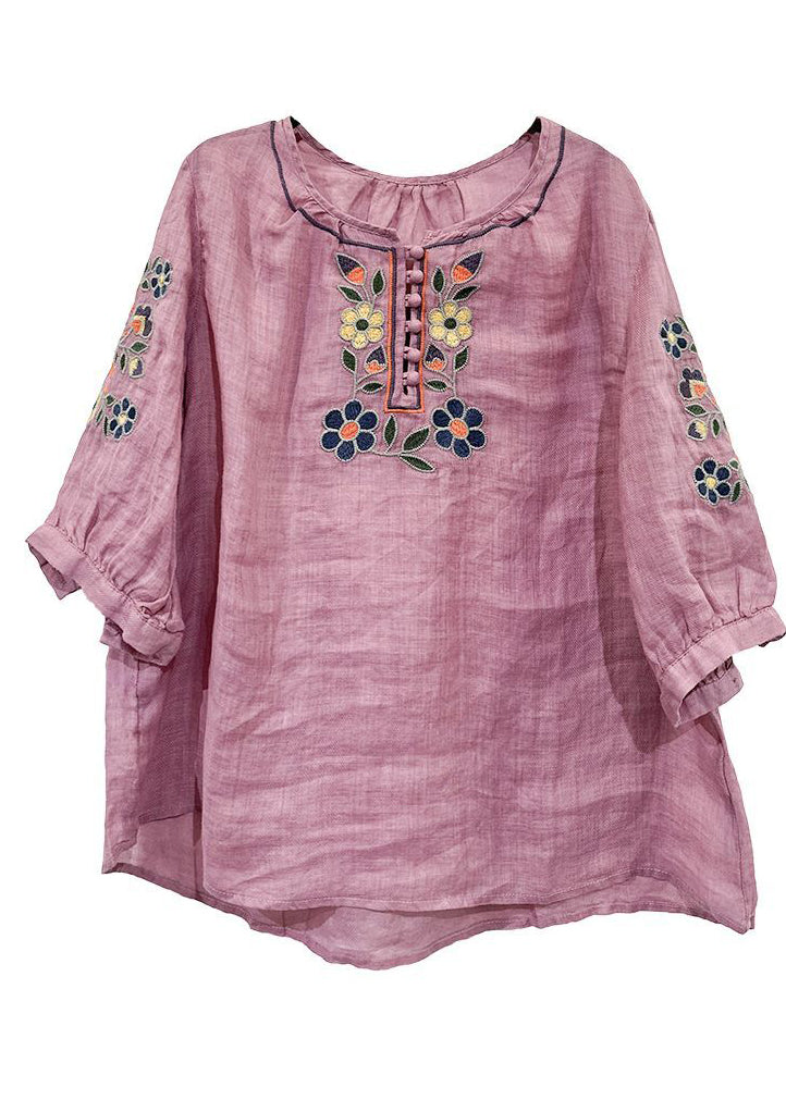 Style Rose O-Neck Embroidered Linen Shirt Tops Summer