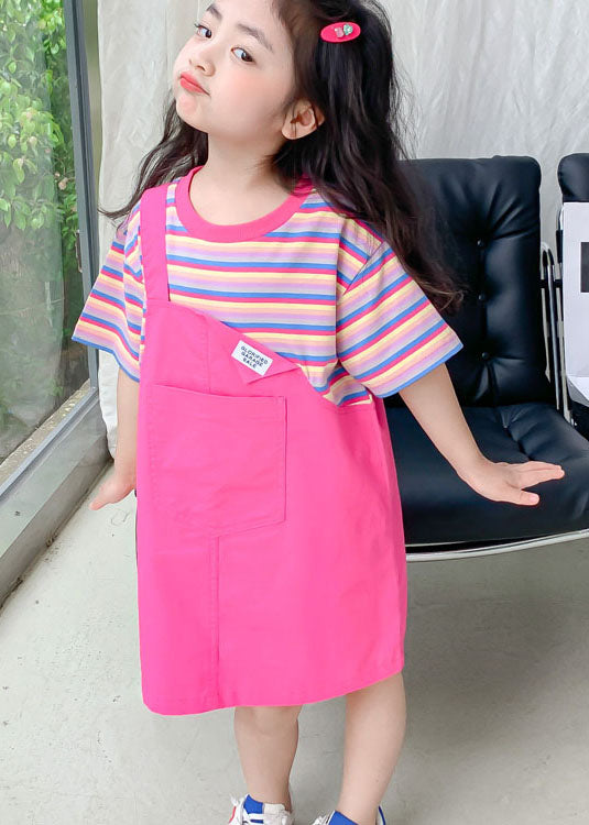 Style Rose O Neck Patchwork False Two Pieces Cotton Baby Girls Dress Summer