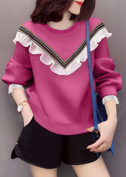 Style Rose O-Neck gekräuselte Casual Herbst Loose Sweatshirts Top