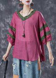 Style Rose Oversized Patchwork Linen Blouses Half Sleeve
