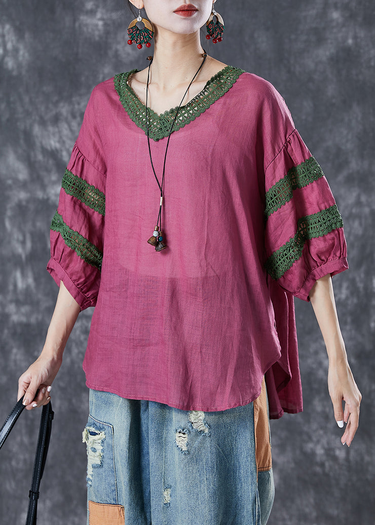 Style Rose Oversized Patchwork Linen Blouses Half Sleeve