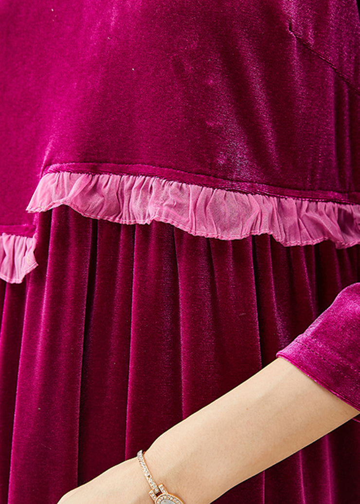 Style Rose Ruffled Patchwork Silk Velour Party Dress Bracelet Sleeve