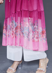 Style Rose V Neck Drawstring Patchwork Print Chiffon Beach Dress Summer