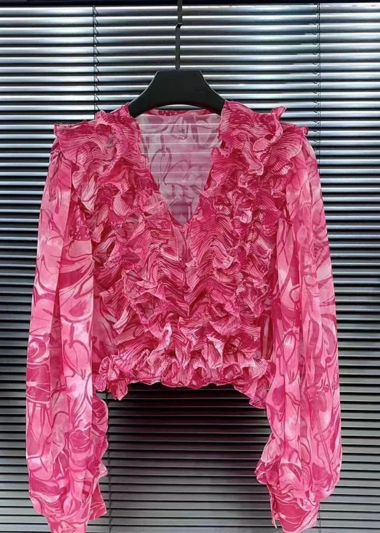 Style Rose V Neck Ruffled Print Patchwork Chiffon Shirt Top Summer