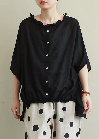 Style Ruffled cotton summer top Outfits black blouses - SooLinen
