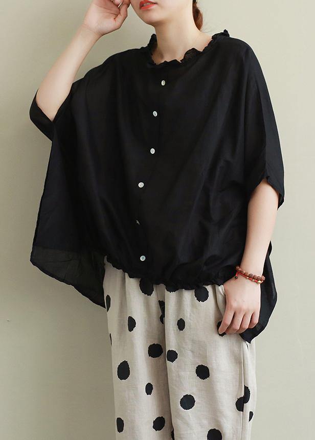 Style Ruffled cotton summer top Outfits black blouses - SooLinen