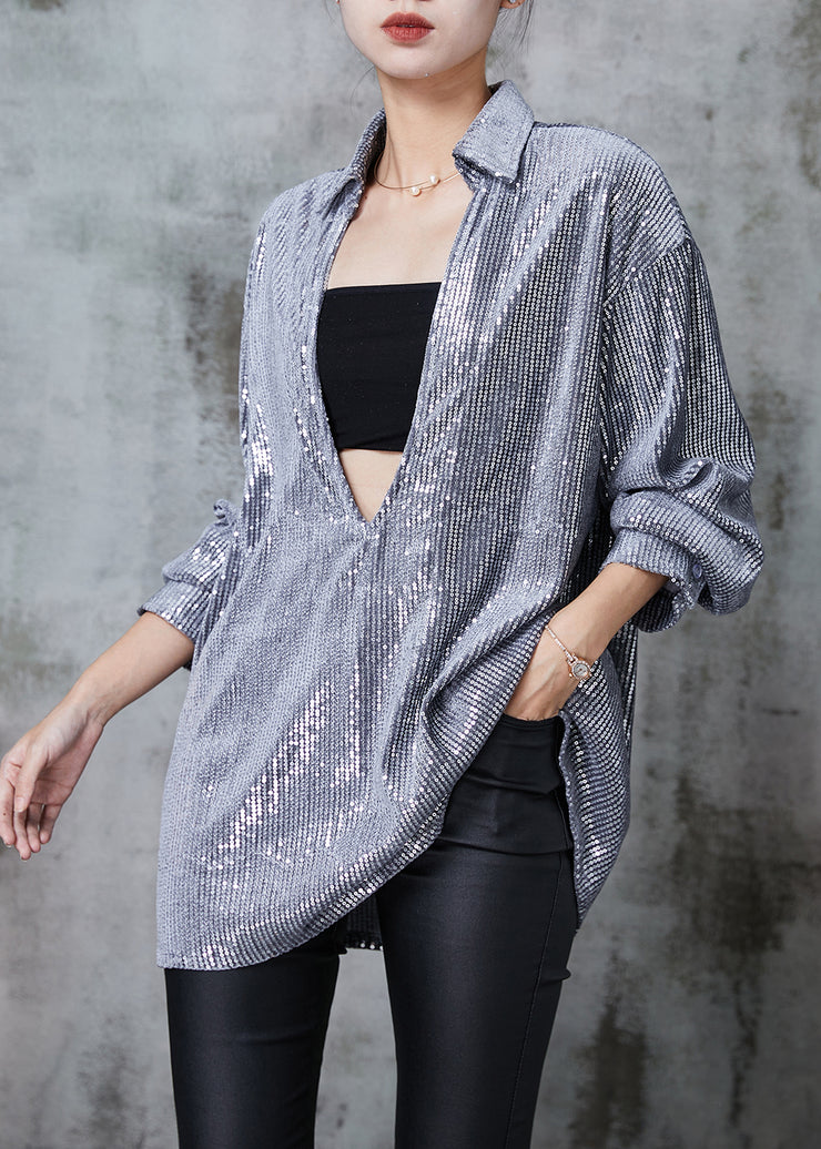 Style Silvery Deep V-neck Sequins Shirt Top Spring