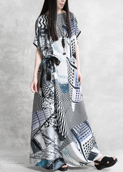 Style Slash neck asymmetric summer dress Catwalk gray print Dress - SooLinen