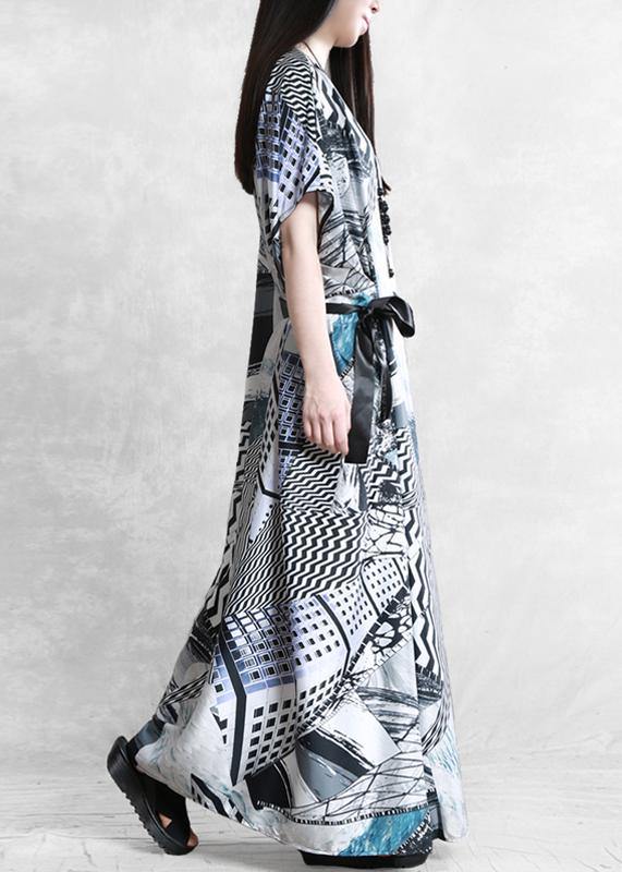 Style Slash neck asymmetric summer dress Catwalk gray print Dress - SooLinen