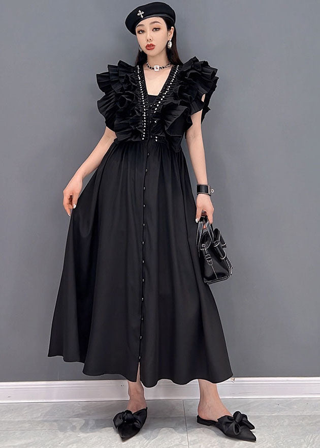 Style Solid Black V-Ausschnitt Original Rüschen Baumwolle Langes Kleid Vestidos Ärmellos