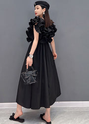 Style Solid Black V-Ausschnitt Original Rüschen Baumwolle Langes Kleid Vestidos Ärmellos