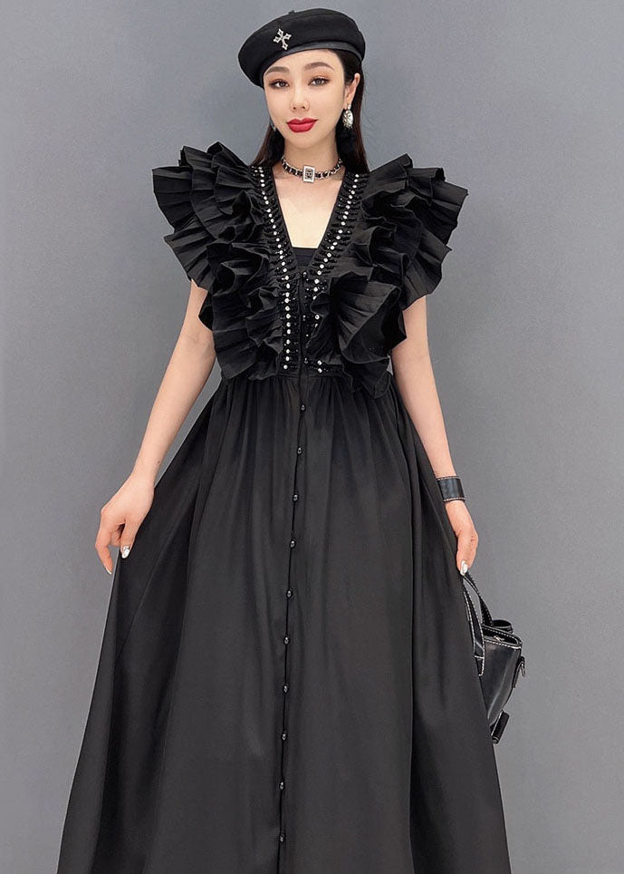 Style Solid Black V Neck Original Ruffles Cotton Long Dress Vestidos Sleeveless