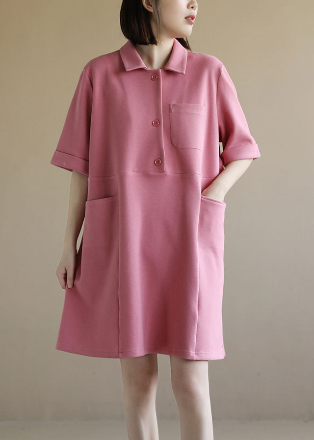 Style Solid Pink Bubikragen Große Taschen Baumwolle Lockeres Kleid Kurzarm