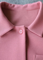 Style Solid Pink Bubikragen Große Taschen Baumwolle Lockeres Kleid Kurzarm