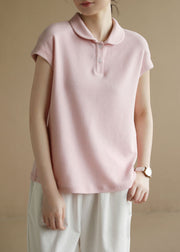 Style Solid Pink Peter Pan Collar Button Cotton Tank Short Sleeve