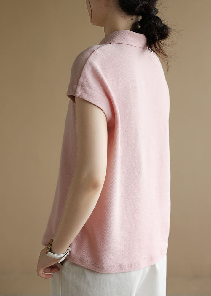 Style Solid Pink Peter Pan Collar Button Cotton Tank Short Sleeve