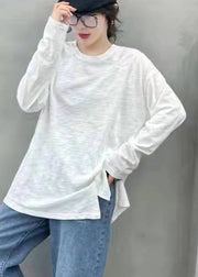 Style Solid White O-Neck Asymmetrisches Design Cotton Top Long Sleeve