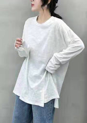 Style Solid White O-Neck Asymmetrical Design Cotton Top Long Sleeve
