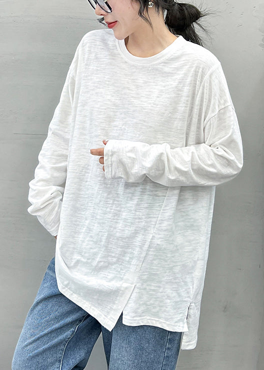 Style Solid White O-Neck Asymmetrisches Design Cotton Top Long Sleeve