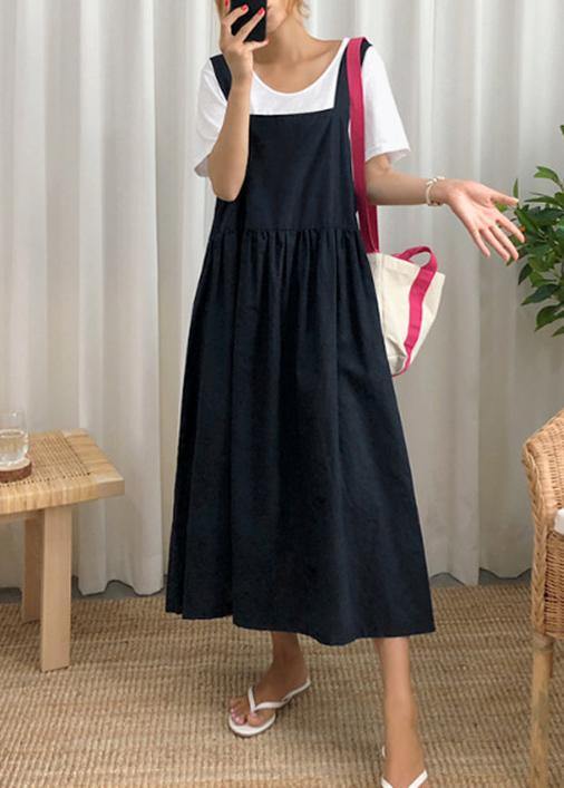 Style Spaghetti Strap Cinched linen cotton clothes For Women Sewing black Dress - SooLinen