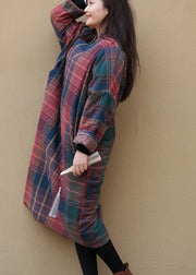 Style Stand Collar Plaid Side Open Warm Fleece Thick Cotton Parka Winter
