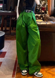 Style Streetwear Green Pockets Cotton Wide Leg Pants Spring