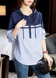 Style Striped Hooded Patchwork Cotton Shirt Long Sleeve