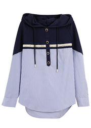 Style Striped Hooded Patchwork Cotton Shirt Long Sleeve