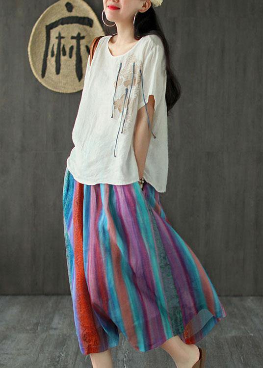 Style Striped Retro Patchwork A Line Skirts Ramie - SooLinen