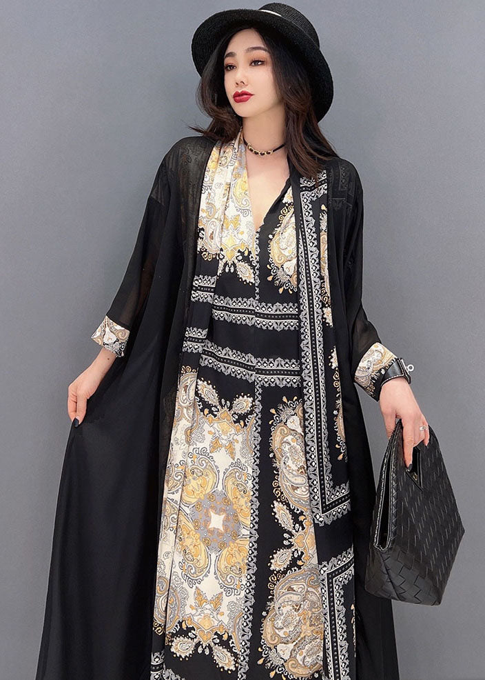 Style V Neck Print Sashes Chiffon Long Dress And Long Cardigans Two Pieces Set Summer