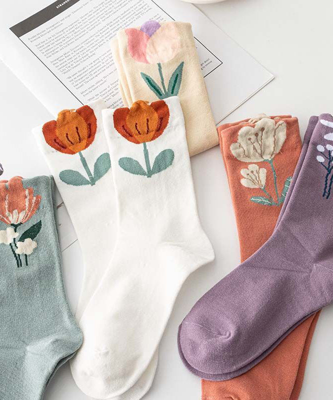 Style Versatile Floral Jacquard Cotton Mid Calf Socks
