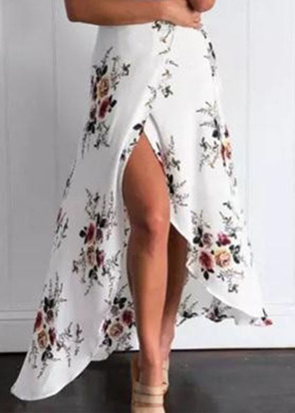 Style White Asymmetrical Tie Waist Side Open Print Chiffon Beach Skirt Summer