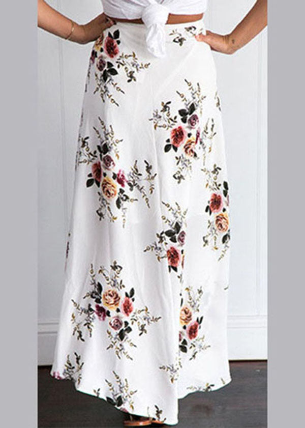 Style White Asymmetrical Tie Waist Side Open Print Chiffon Beach Skirt Summer