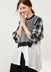 Style White Cinched Plaid Patchwork Knit Shirt Spring