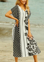 Style White Dot Floral V Neck Cotton Loose Beach Gown  Mid Dress - SooLinen