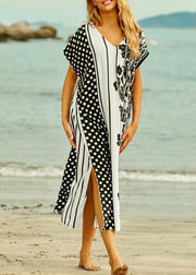 Style White Dot Floral V Neck Cotton Loose Beach Gown  Mid Dress - SooLinen