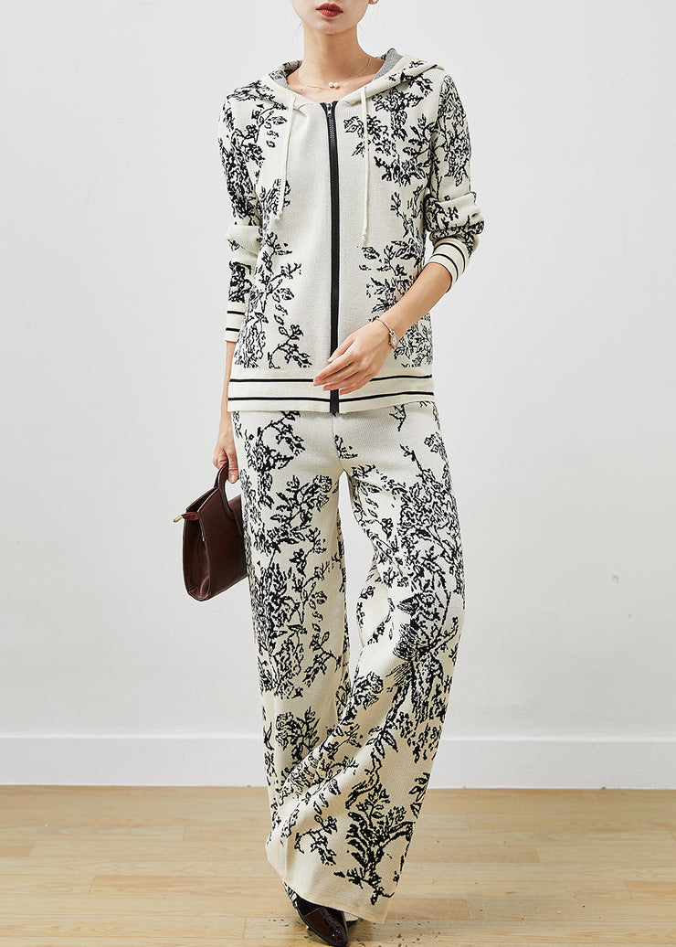 Style White Hooded Print Knit Women Sets 2 Pieces Spring