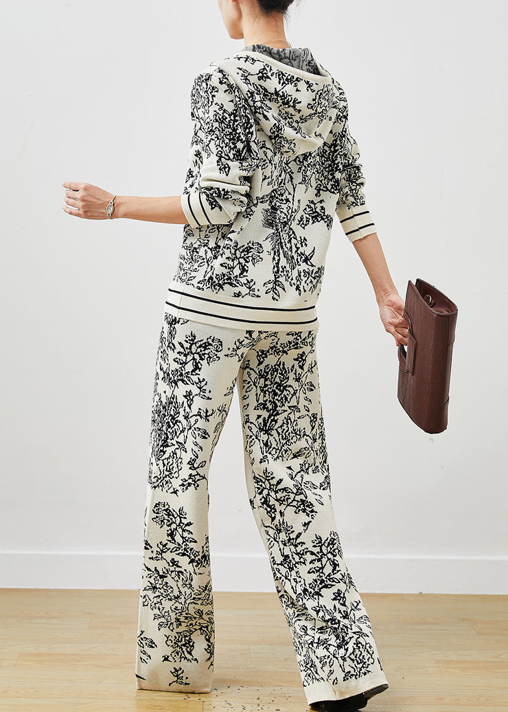Style White Hooded Print Knit Women Sets 2 Pieces Spring