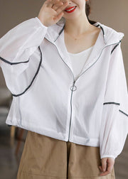 Style White Hooded Zippered Cotton UPF 50+ Coat Jacket Long Sleeve