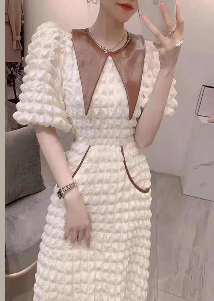 Style White O-Neck Faux Leather Patchwork High Waist Long Dresses Puff Sleeve