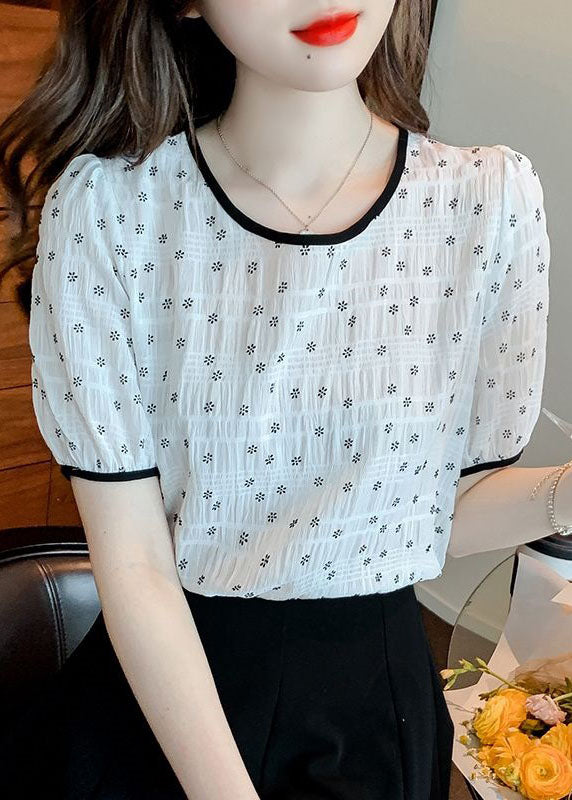 Style White O Neck Patchwork Print Chiffon T Shirt Top Summer